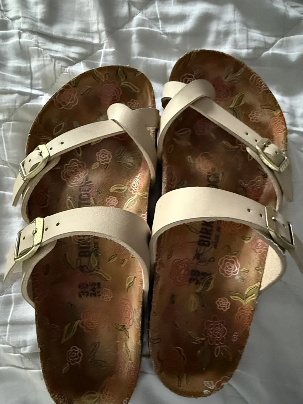 Birkenstock Cream Double-Strap Buckle Sandals with Floral Footbed - Picture 1 of 5